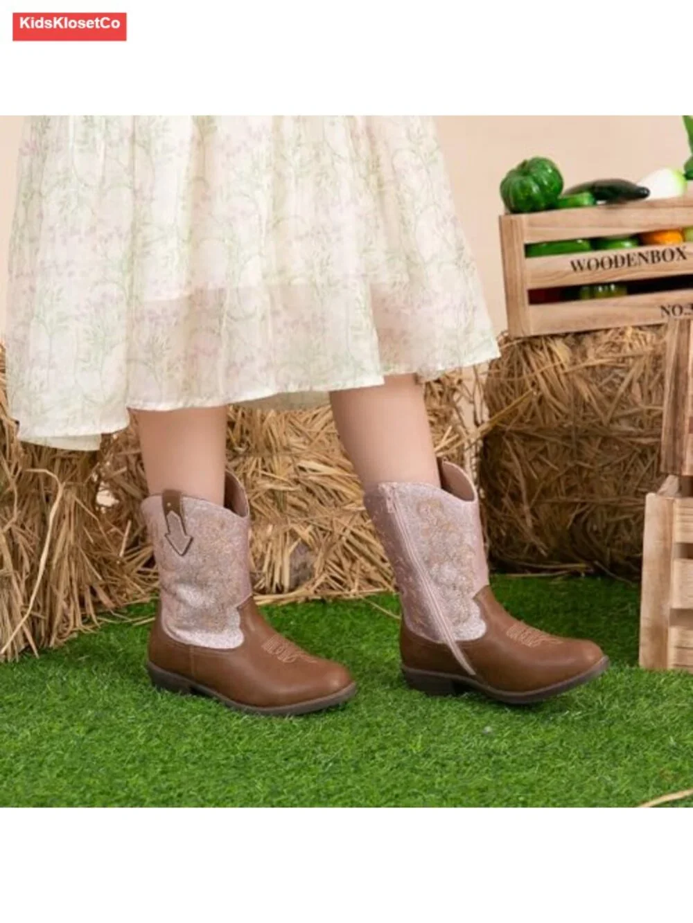 Girls Cowboy Boots Side Zipper Embroidered Western Style Sparkly Glitter